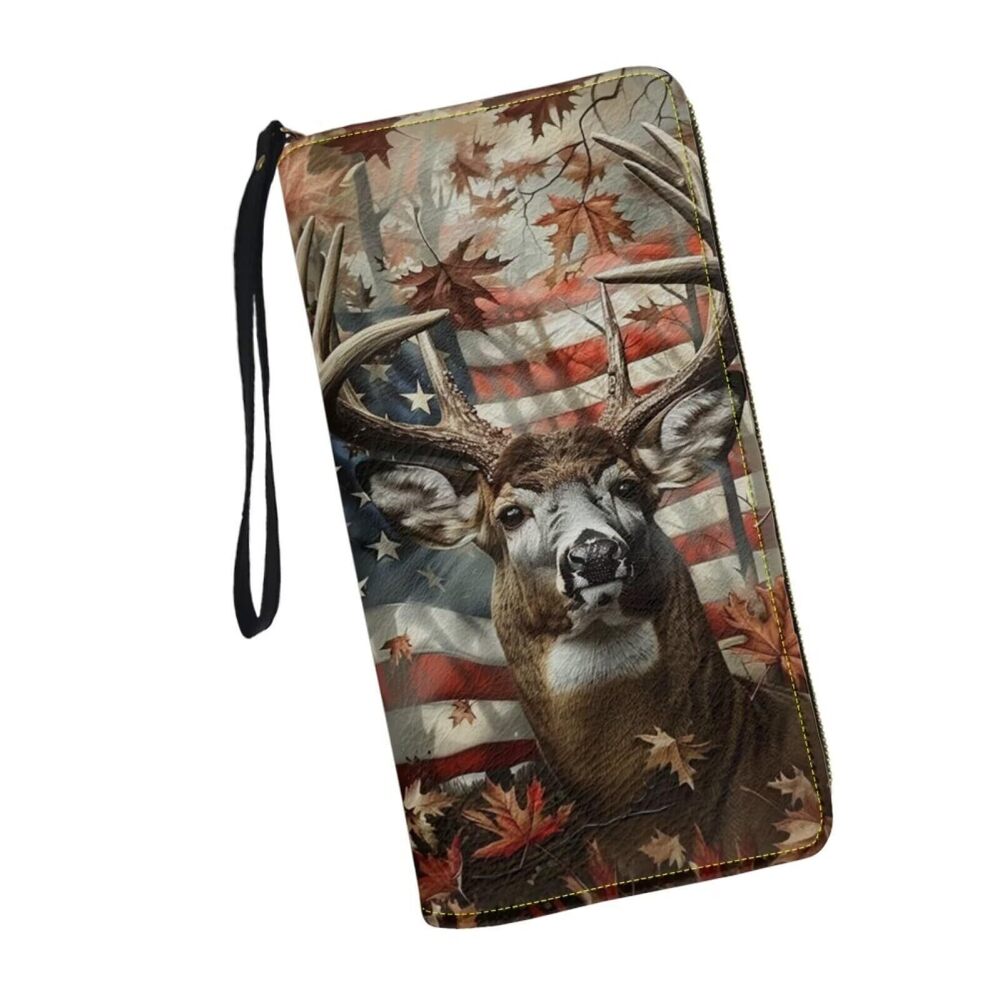4445 Americna Flag Deer Slim Leather Wallet Hunting Credit Card Holder